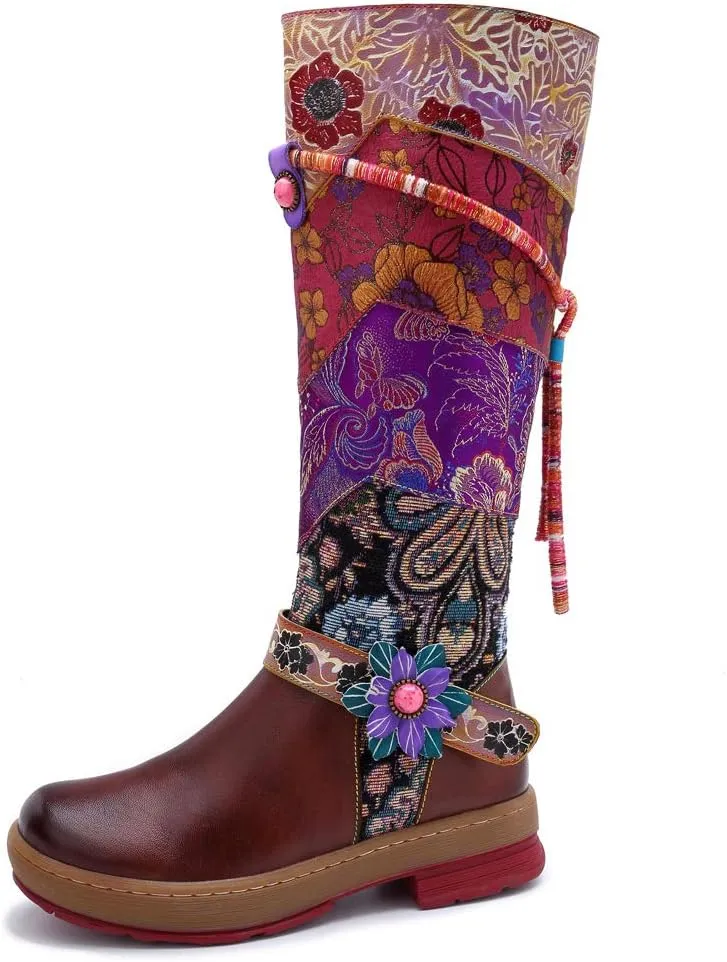 CrazycatZ Womens Leather Bohemian Knee High Boots Block Heel Tall Bootie Exotic Pattern