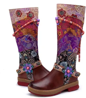CrazycatZ Womens Leather Bohemian Knee High Boots Block Heel Tall Bootie Exotic Pattern