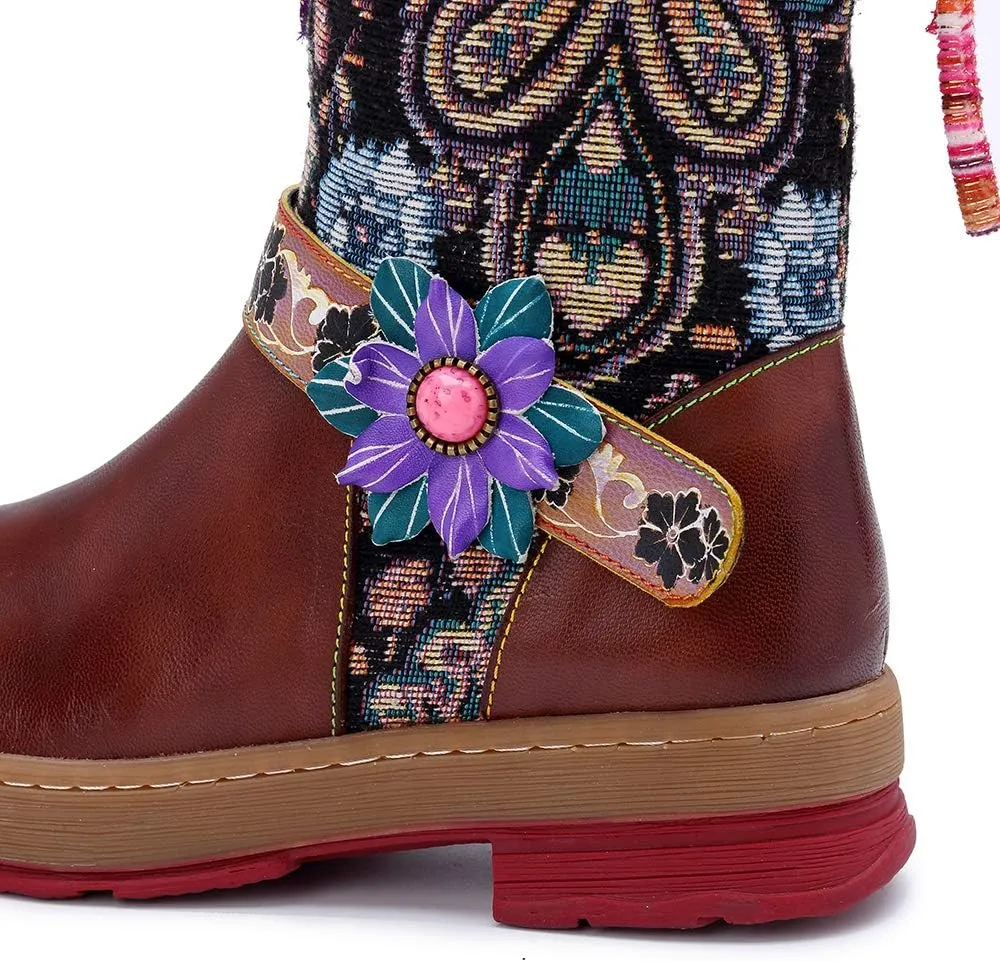CrazycatZ Womens Leather Bohemian Knee High Boots Block Heel Tall Bootie Exotic Pattern
