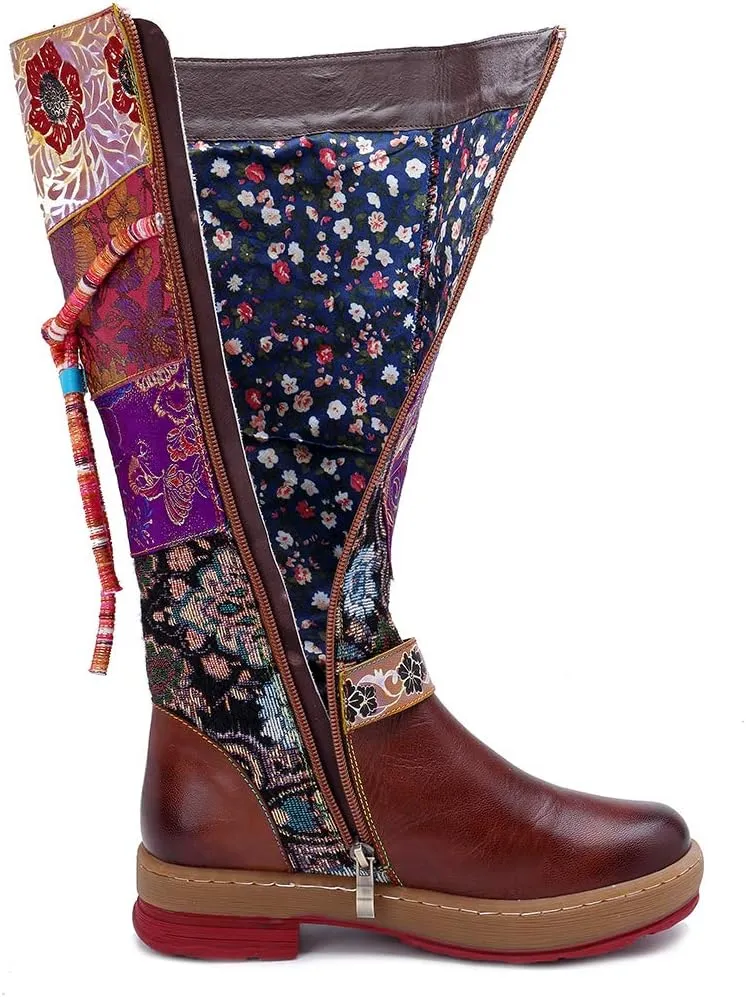 CrazycatZ Womens Leather Bohemian Knee High Boots Block Heel Tall Bootie Exotic Pattern