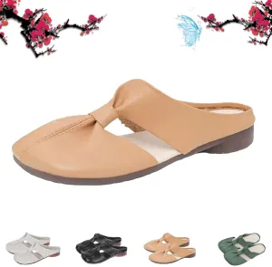 Cut Out Design Flat Mules for Women,2024 New Round Toe Flat Mules & Clogs with Bow, Casual All-Match Hollow Non-Slip Slippers