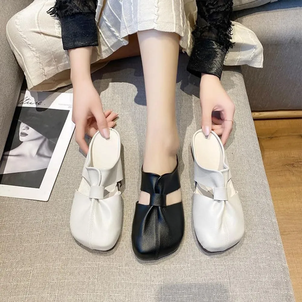 Cut Out Design Flat Mules for Women,2024 New Round Toe Flat Mules & Clogs with Bow, Casual All-Match Hollow Non-Slip Slippers