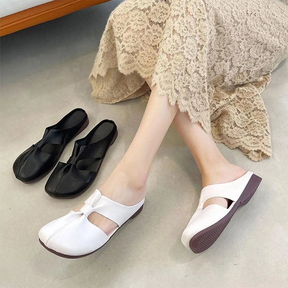 Cut Out Design Flat Mules for Women,2024 New Round Toe Flat Mules & Clogs with Bow, Casual All-Match Hollow Non-Slip Slippers