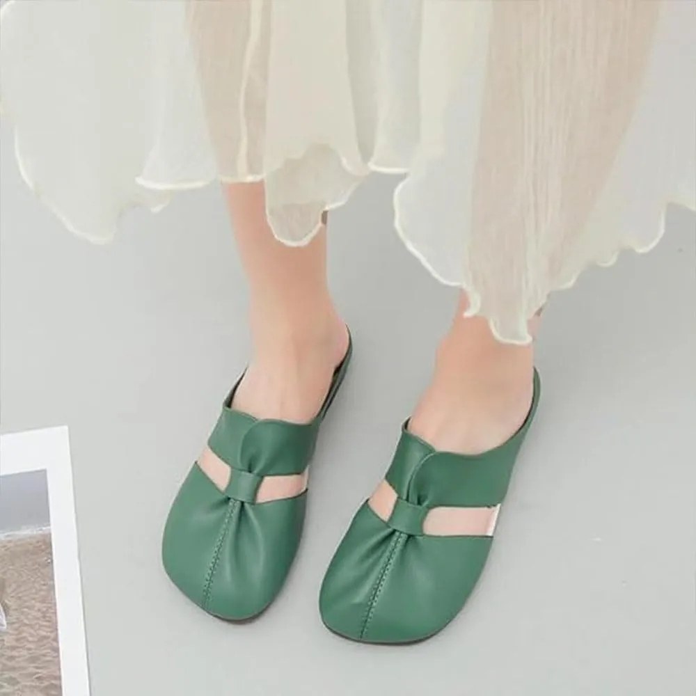 Cut Out Design Flat Mules for Women,2024 New Round Toe Flat Mules & Clogs with Bow, Casual All-Match Hollow Non-Slip Slippers