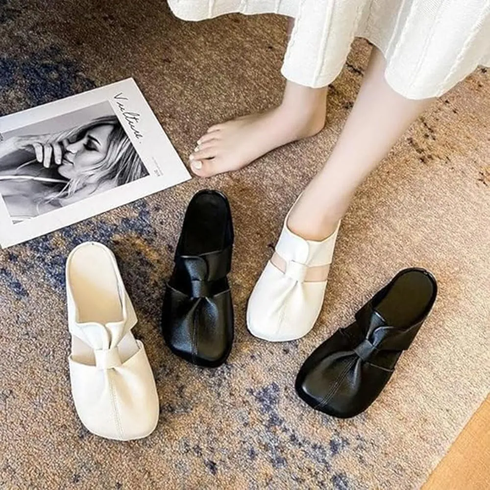 Cut Out Design Flat Mules for Women,2024 New Round Toe Flat Mules & Clogs with Bow, Casual All-Match Hollow Non-Slip Slippers