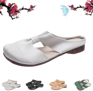 Cut Out Design Flat Mules for Women,2024 New Round Toe Flat Mules & Clogs with Bow, Casual All-Match Hollow Non-Slip Slippers