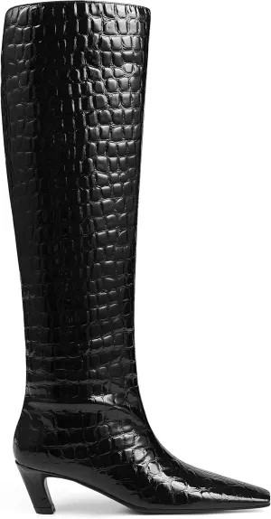 CYNLLIO Womens Knee High Boots Square Toe Kitten Heel Tall Boots Pull on Wide Calf Black Boots Low Heel Comfy Long Boots
