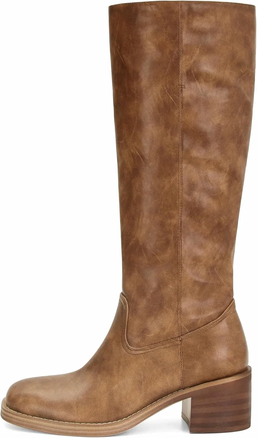 DOEYG Women's Banana Knee High Boots Square Toe Chunky Block Heel Tall Boots Wide Calf Fashion Comfortable Casual Pull on Long Boots
