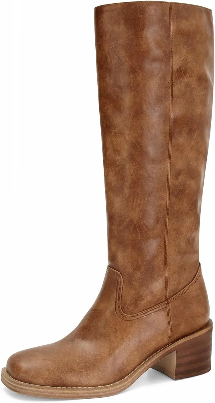 DOEYG Women's Banana Knee High Boots Square Toe Chunky Block Heel Tall Boots Wide Calf Fashion Comfortable Casual Pull on Long Boots