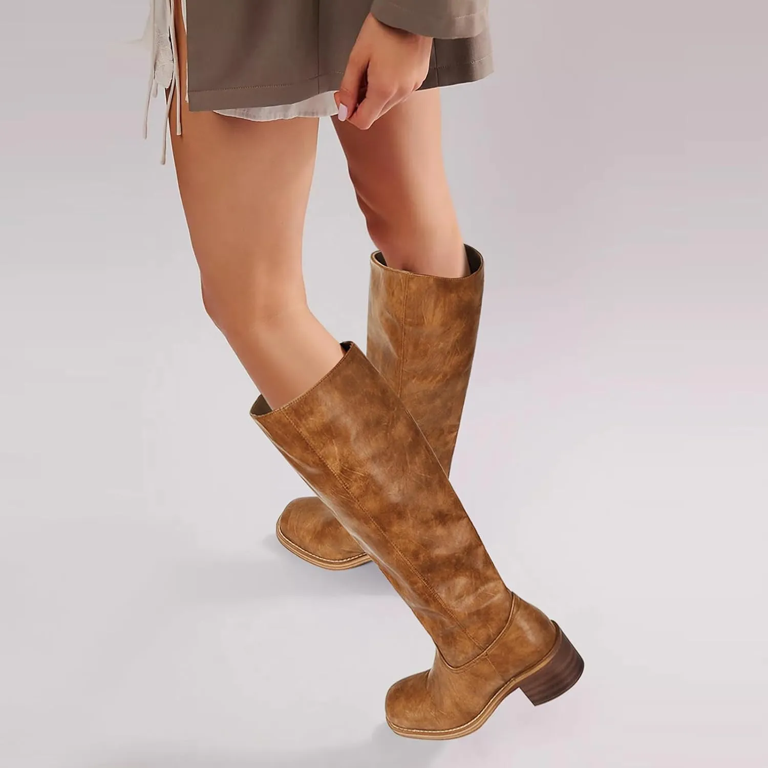 DOEYG Women's Banana Knee High Boots Square Toe Chunky Block Heel Tall Boots Wide Calf Fashion Comfortable Casual Pull on Long Boots