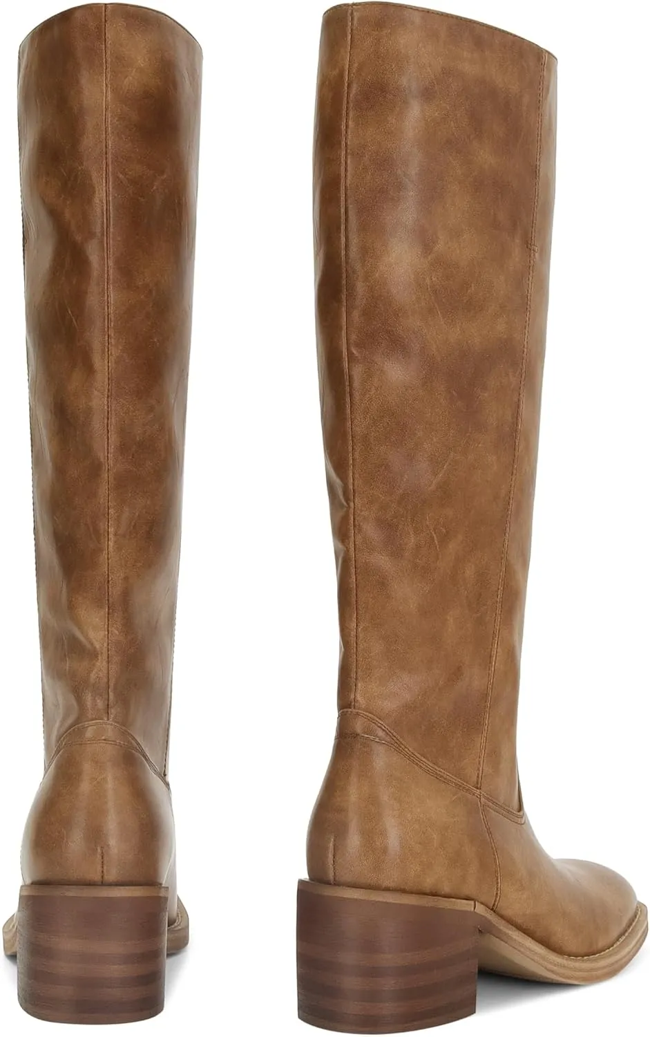 DOEYG Women's Banana Knee High Boots Square Toe Chunky Block Heel Tall Boots Wide Calf Fashion Comfortable Casual Pull on Long Boots