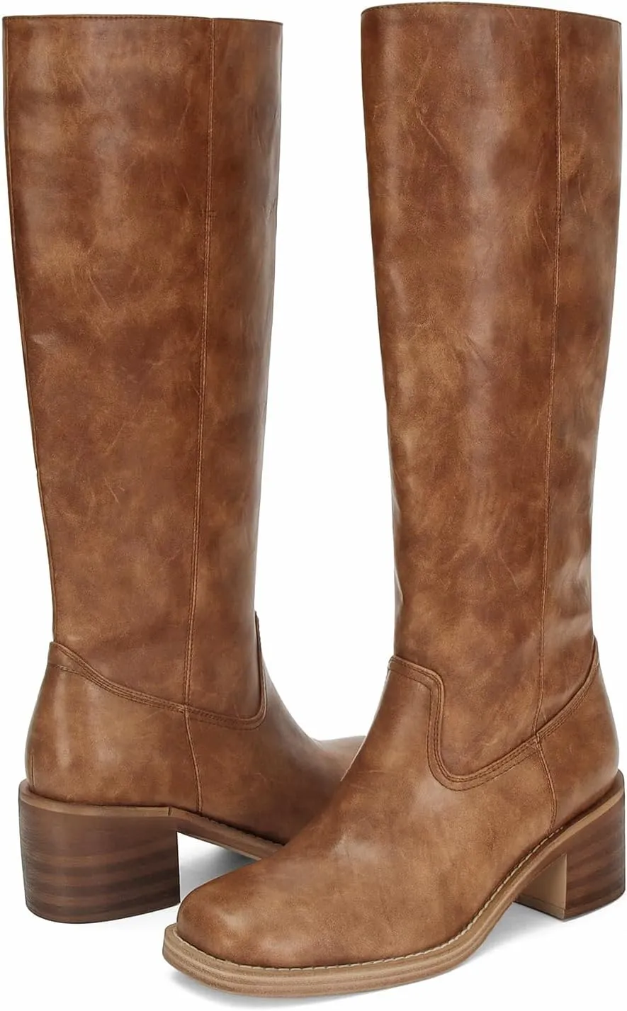 DOEYG Women's Banana Knee High Boots Square Toe Chunky Block Heel Tall Boots Wide Calf Fashion Comfortable Casual Pull on Long Boots