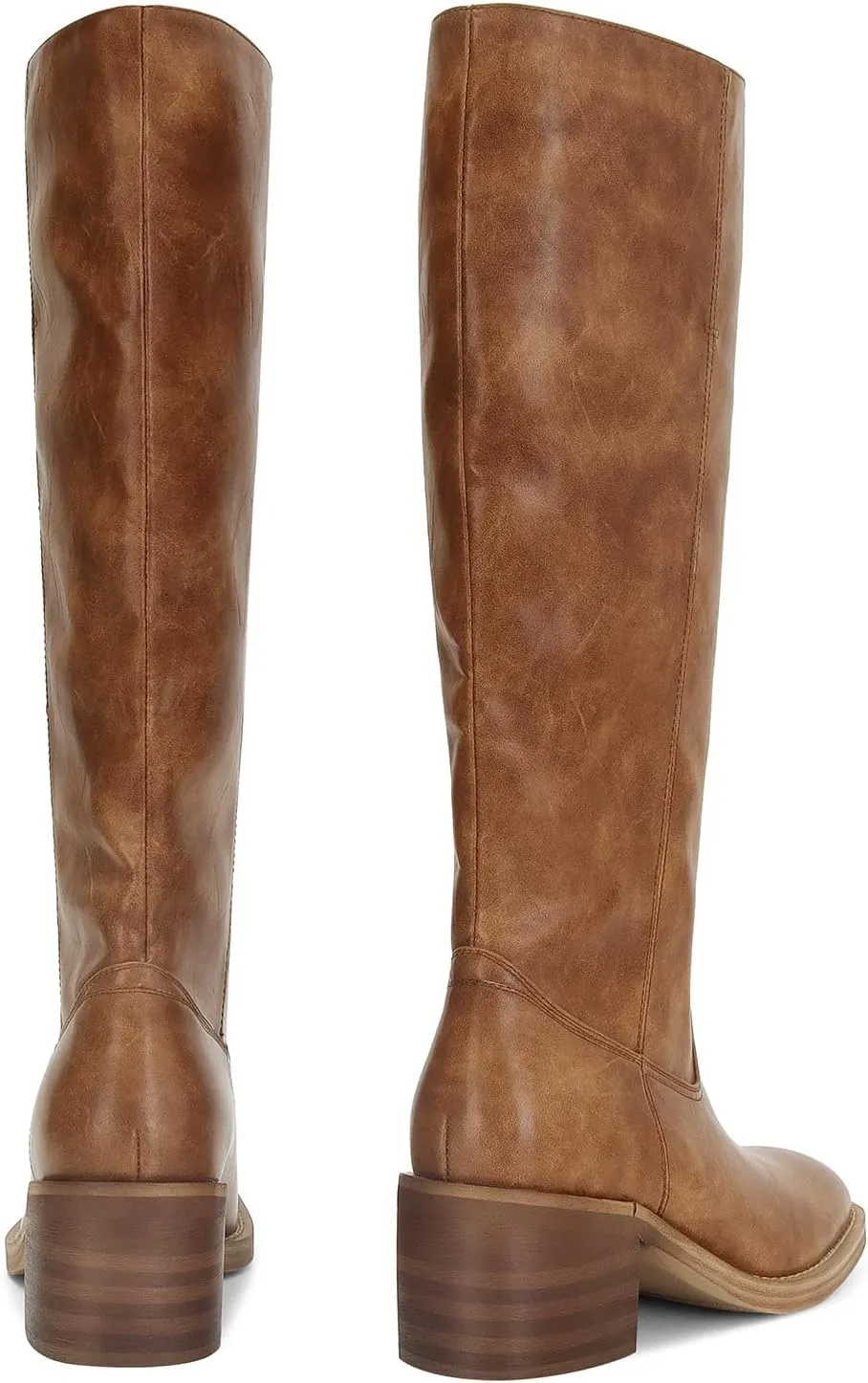 DOEYG Women's Banana Knee High Boots Square Toe Chunky Block Heel Tall Boots Wide Calf Fashion Comfortable Casual Pull on Long Boots