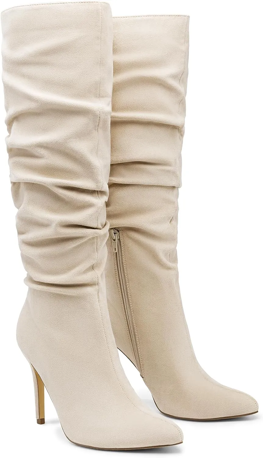 DREAM PAIRS Knee High Boots for Women, Sexy Pointed Toe Stiletto High Heel Slouchy Suede Tall Boots