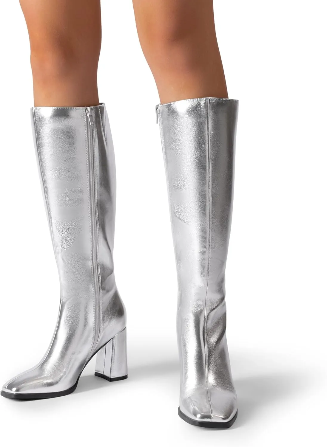 DREAM PAIRS Knee High Boots for Women Square Toe Gogo Chunky Heel with Side Zip