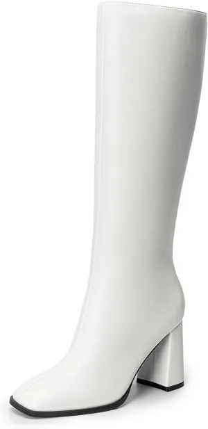 DREAM PAIRS Knee High Boots for Women Square Toe Gogo Chunky Heel with Side Zip