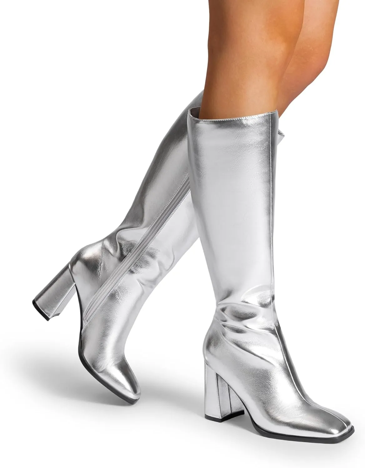 DREAM PAIRS Knee High Boots for Women Square Toe Gogo Chunky Heel with Side Zip