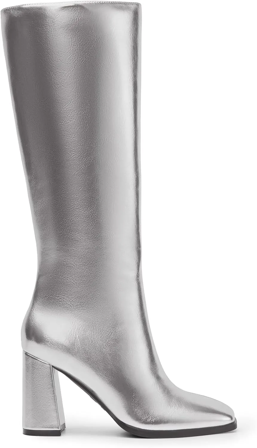 DREAM PAIRS Knee High Boots for Women Square Toe Gogo Chunky Heel with Side Zip