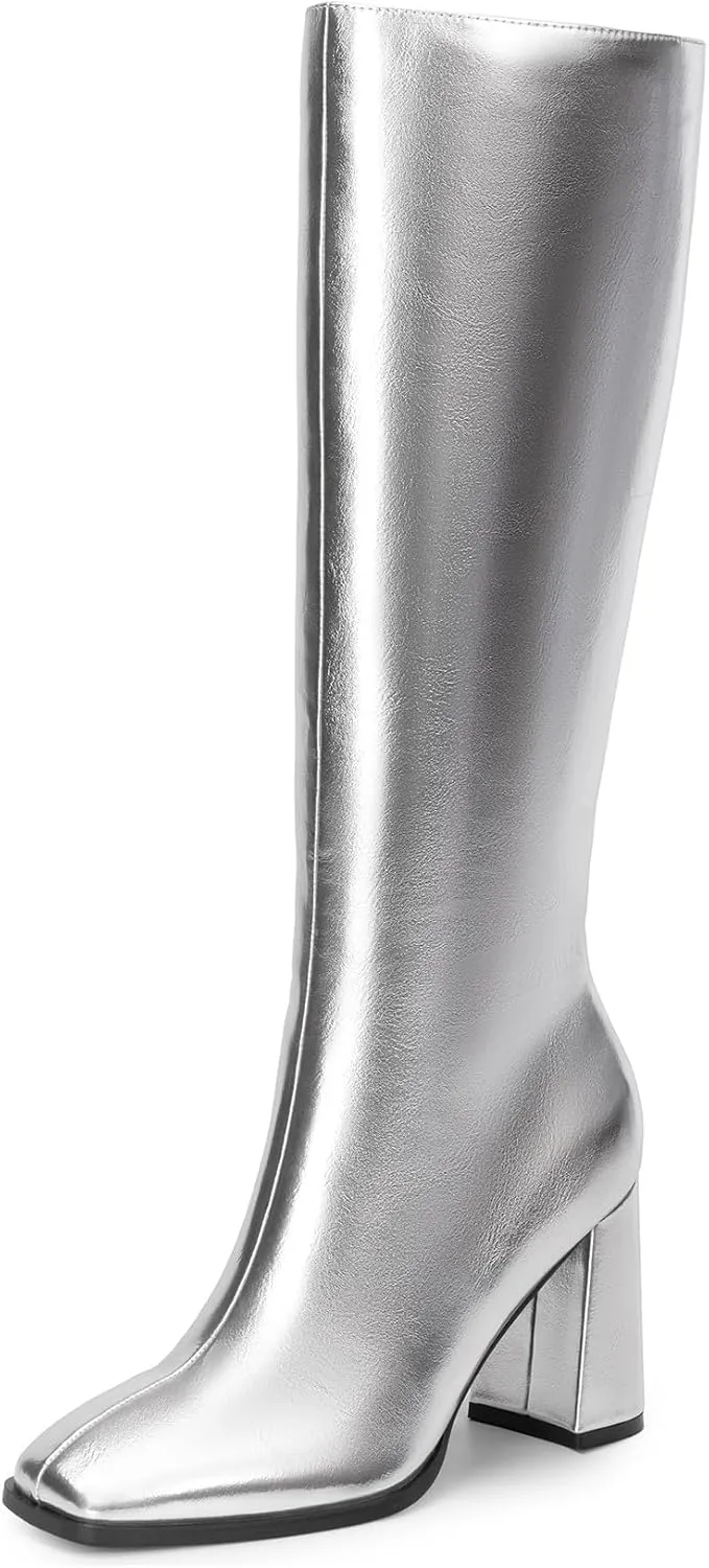 DREAM PAIRS Knee High Boots for Women Square Toe Gogo Chunky Heel with Side Zip