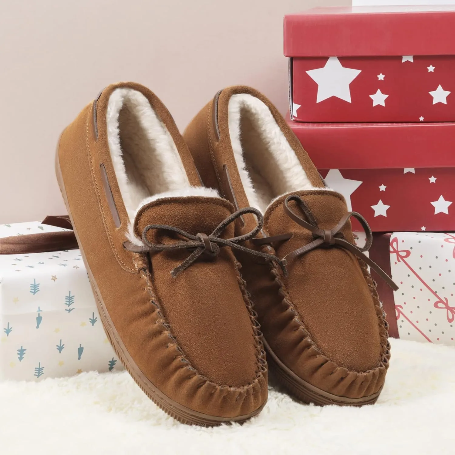 DREAM PAIRS Men's Moccasin Slippers Fuzzy Plush House Shoes Indoor Outdoor Fleece Lining Loafers