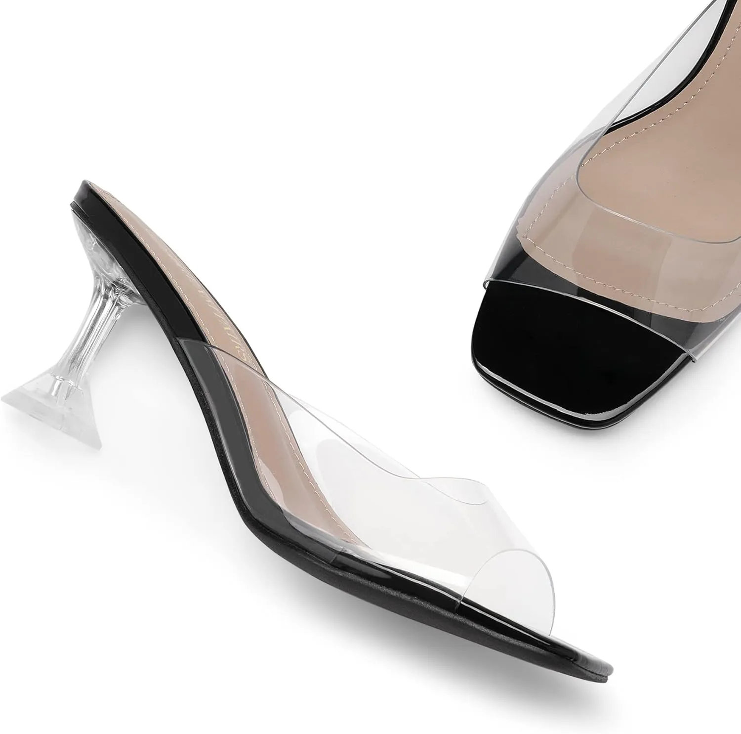 DREAM PAIRS Women’s Clear Heels Square Toe High Stiletto Mules Slip on Wedding Dress Heel Sandals