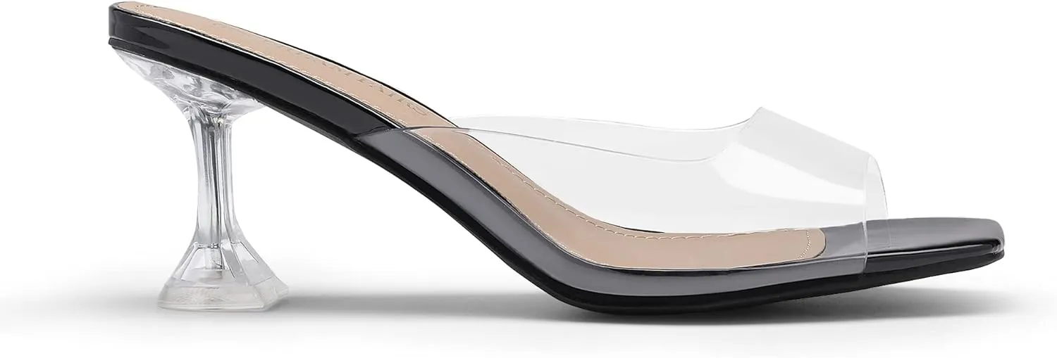 DREAM PAIRS Women’s Clear Heels Square Toe High Stiletto Mules Slip on Wedding Dress Heel Sandals