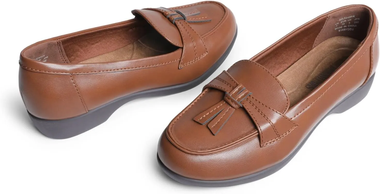 DREAM PAIRS Women's Comfortable Dressy Slip-on Loafers Business Casual Work Shoes Office, Faux Leather Arch Support Round Toe Flats Shoes with Tassel Decoration