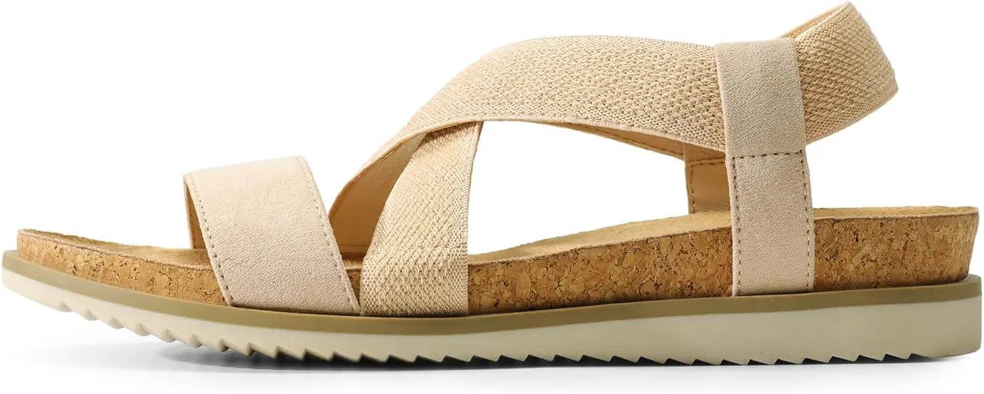 DREAM PAIRS Women's Comfortable Low Wedge Sandals, Open Toe Slip On Strappy Flat Sandals with Elastic Ankle Strap