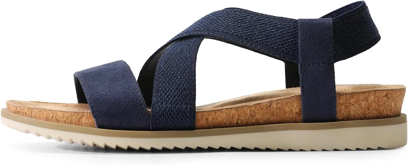 DREAM PAIRS Women's Comfortable Low Wedge Sandals, Open Toe Slip On Strappy Flat Sandals with Elastic Ankle Strap