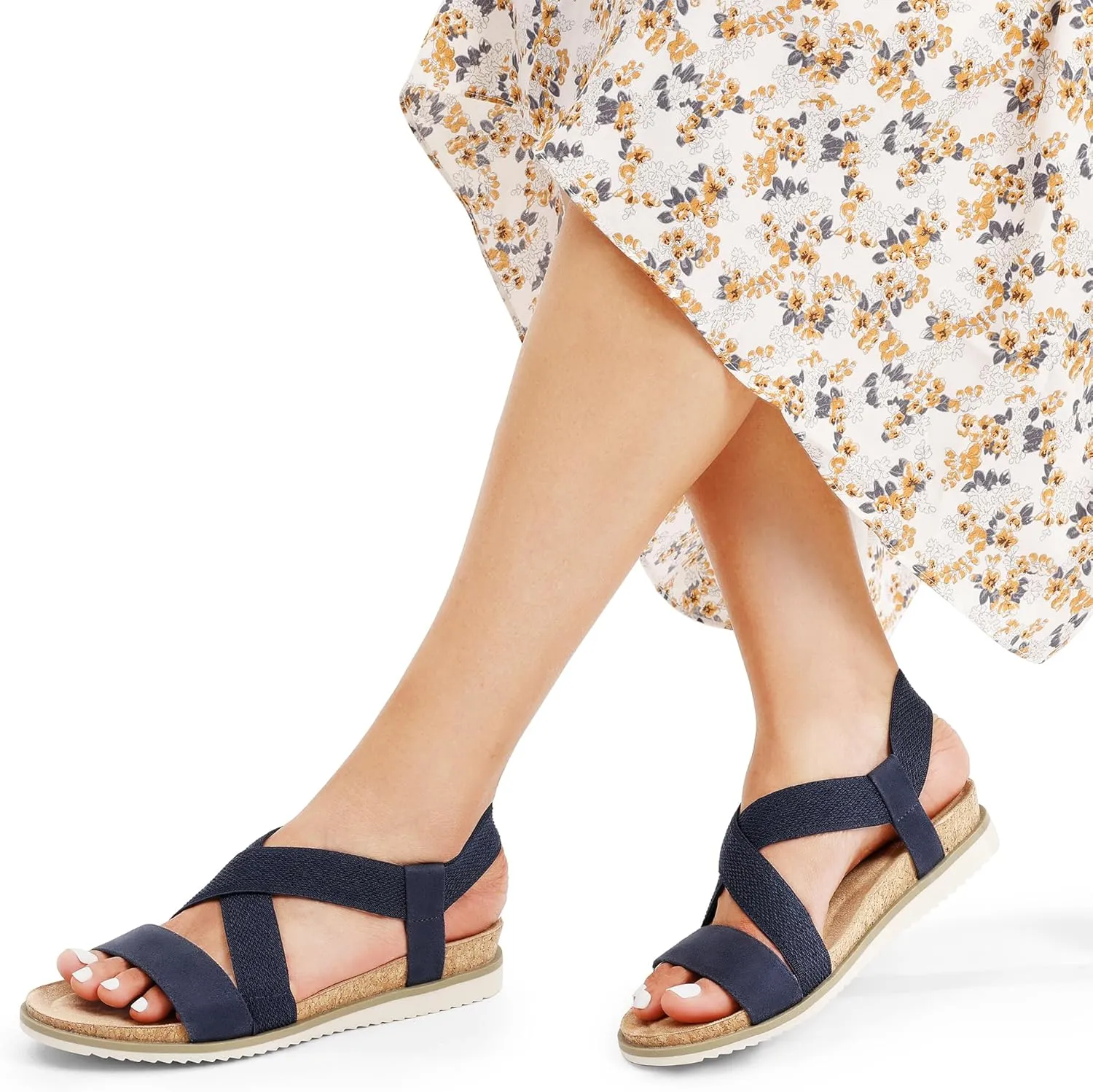 DREAM PAIRS Women's Comfortable Low Wedge Sandals, Open Toe Slip On Strappy Flat Sandals with Elastic Ankle Strap