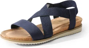 DREAM PAIRS Women's Comfortable Low Wedge Sandals, Open Toe Slip On Strappy Flat Sandals with Elastic Ankle Strap