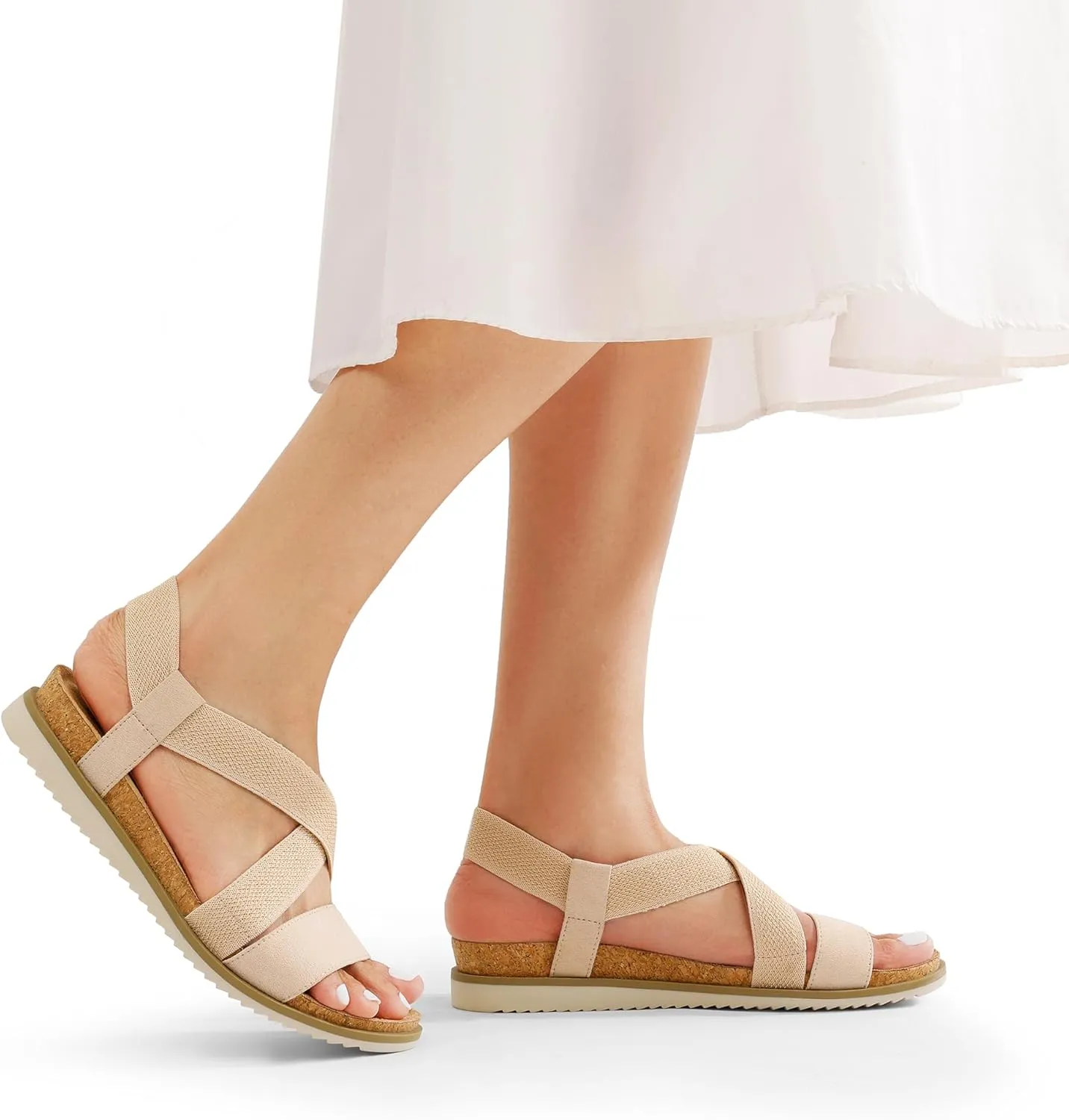 DREAM PAIRS Women's Comfortable Low Wedge Sandals, Open Toe Slip On Strappy Flat Sandals with Elastic Ankle Strap