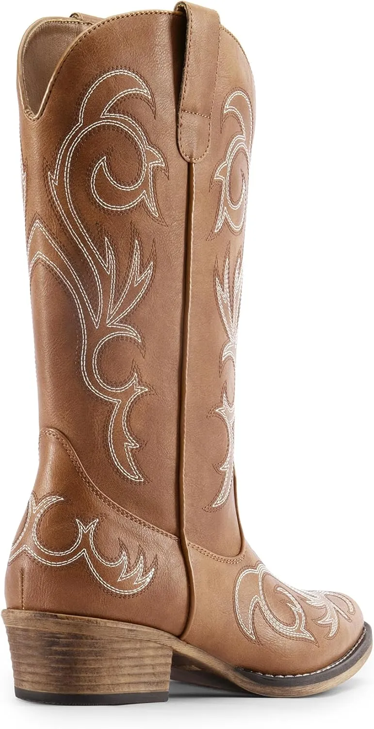 DREAM PAIRS Women's Cowboy Boots Mid Calf Cowgirl Boots Square Toe Chunky Heel Embroidery Stitched Western Boots