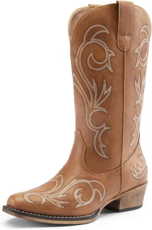 DREAM PAIRS Women's Cowboy Boots Mid Calf Cowgirl Boots Square Toe Chunky Heel Embroidery Stitched Western Boots