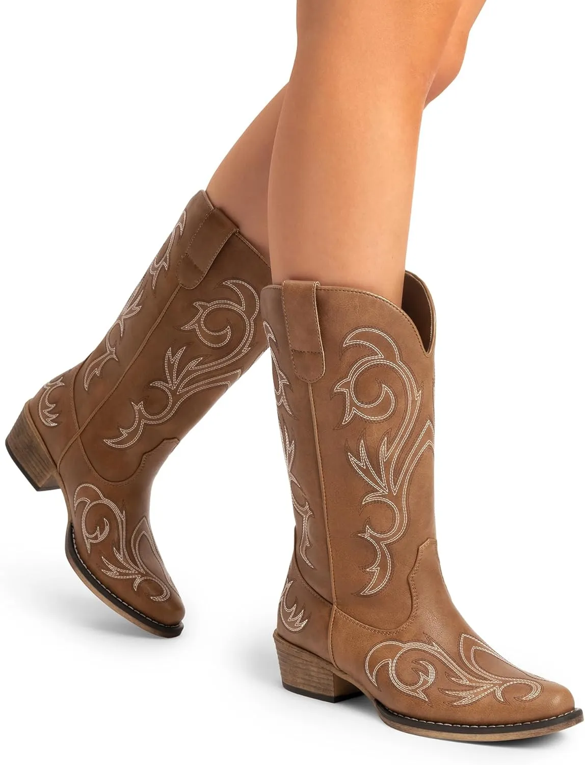 DREAM PAIRS Women's Cowboy Boots Mid Calf Cowgirl Boots Square Toe Chunky Heel Embroidery Stitched Western Boots