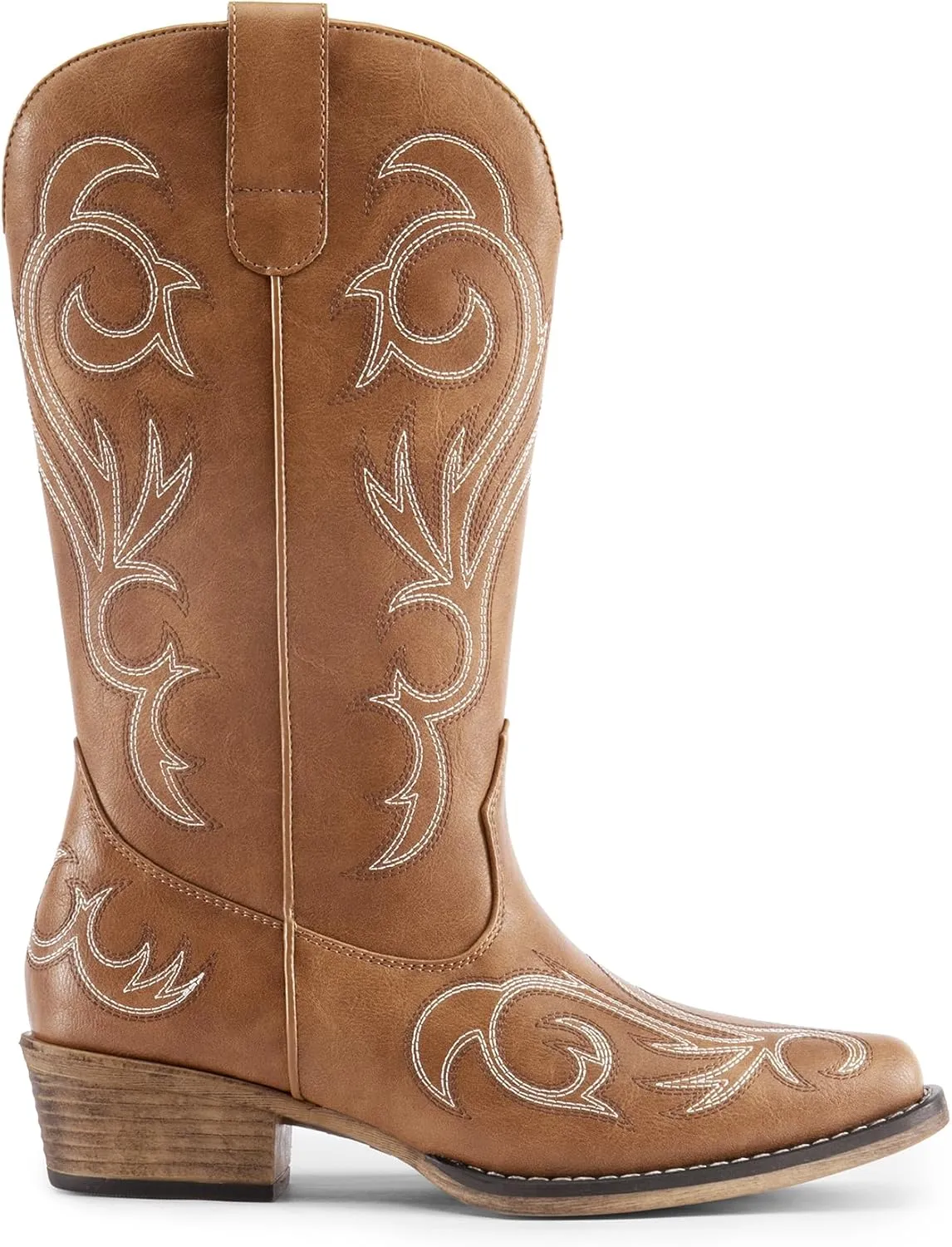 DREAM PAIRS Women's Cowboy Boots Mid Calf Cowgirl Boots Square Toe Chunky Heel Embroidery Stitched Western Boots