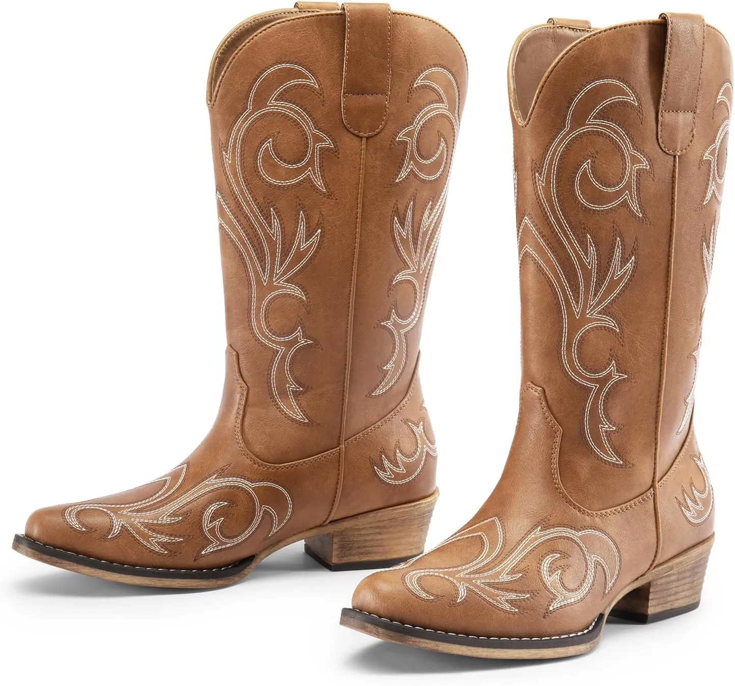 DREAM PAIRS Women's Cowboy Boots Mid Calf Cowgirl Boots Square Toe Chunky Heel Embroidery Stitched Western Boots