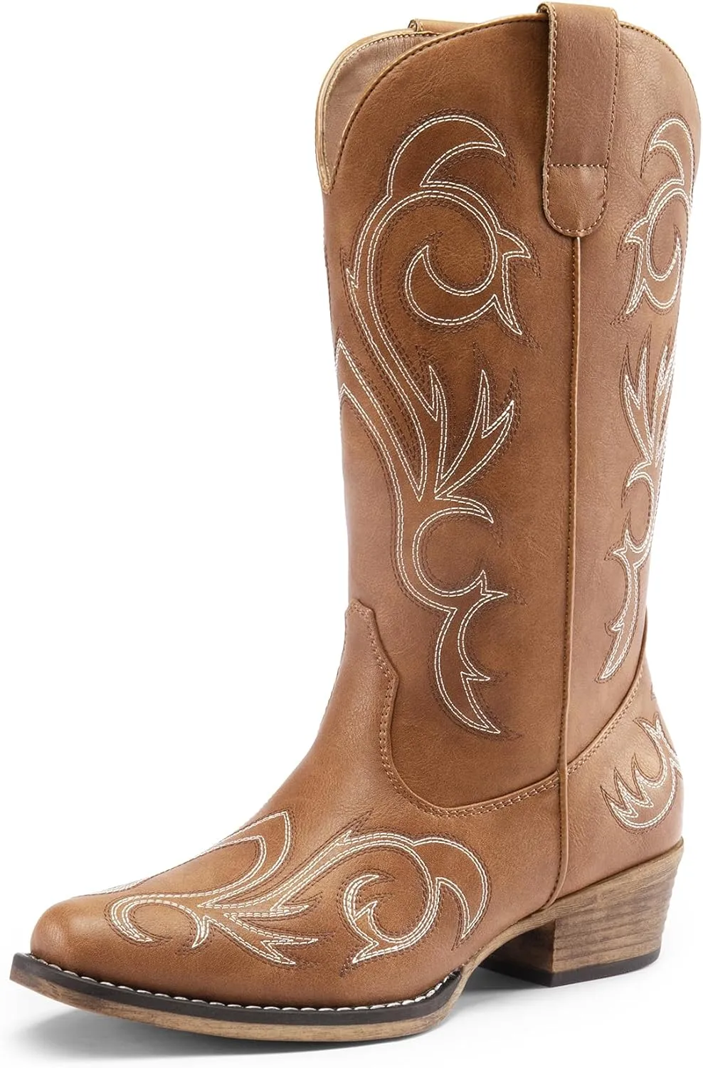 DREAM PAIRS Women's Cowboy Boots Mid Calf Cowgirl Boots Square Toe Chunky Heel Embroidery Stitched Western Boots