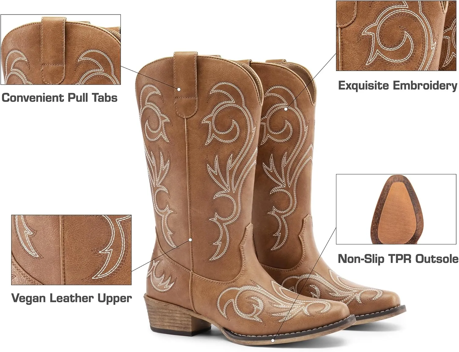 DREAM PAIRS Women's Cowboy Boots Mid Calf Cowgirl Boots Square Toe Chunky Heel Embroidery Stitched Western Boots