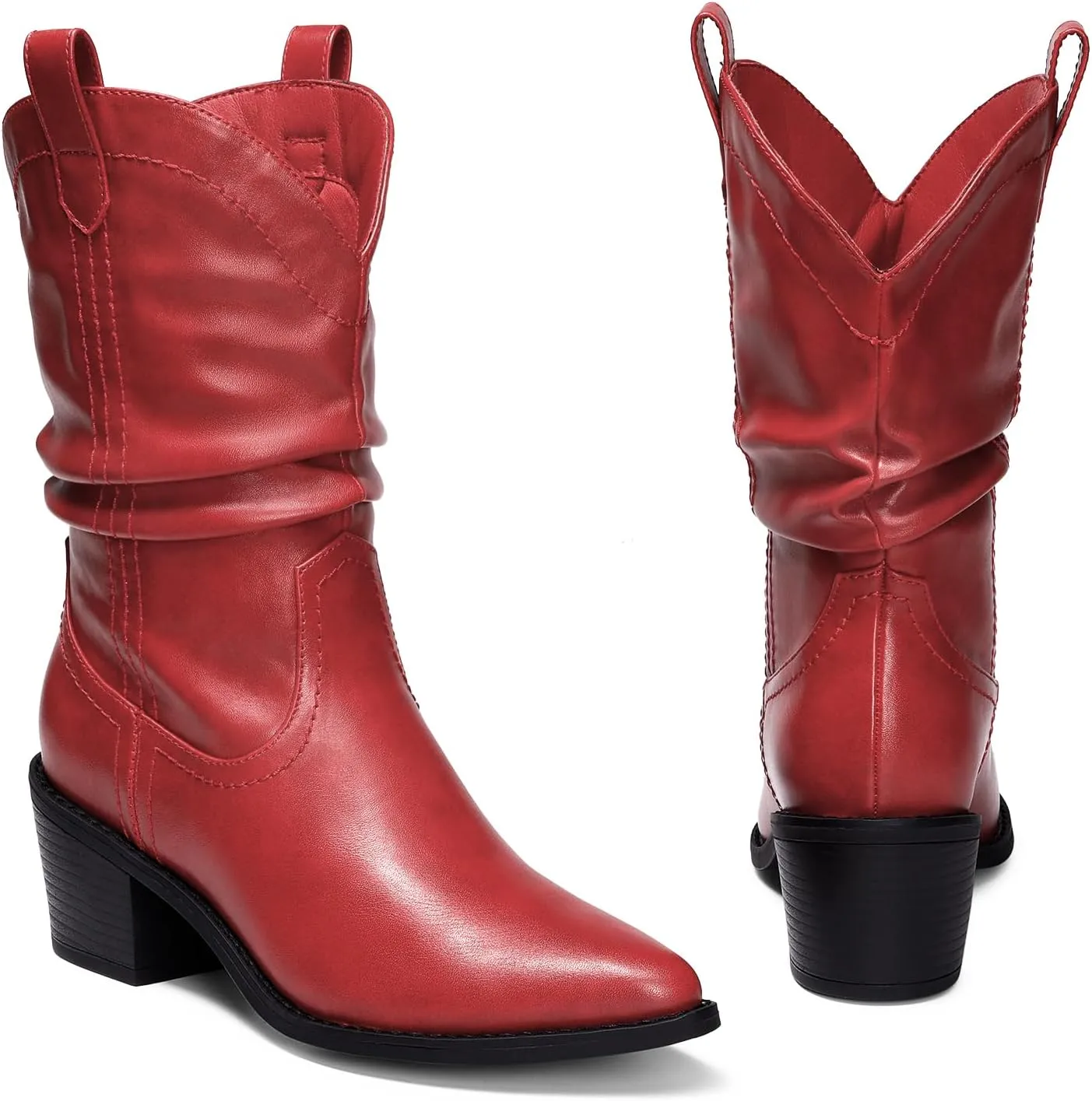 DREAM PAIRS Women's Cowgirl Boots, Mid Calf Western Cowboy Chunky Heel Boots, Slouchy & Pull-on Ankle Booties for women