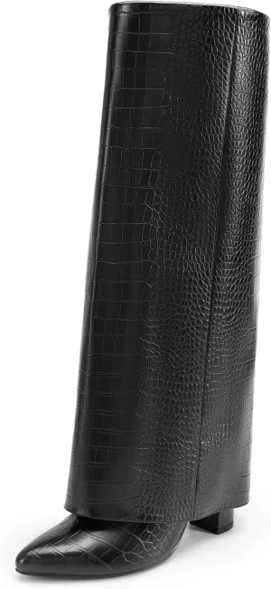 DREAM PAIRS Women's Knee High Boots Fold Over Chunky High Heels Long Boots Zipper Pointed Toe Dress Tall Boots Party Fashion Boots
