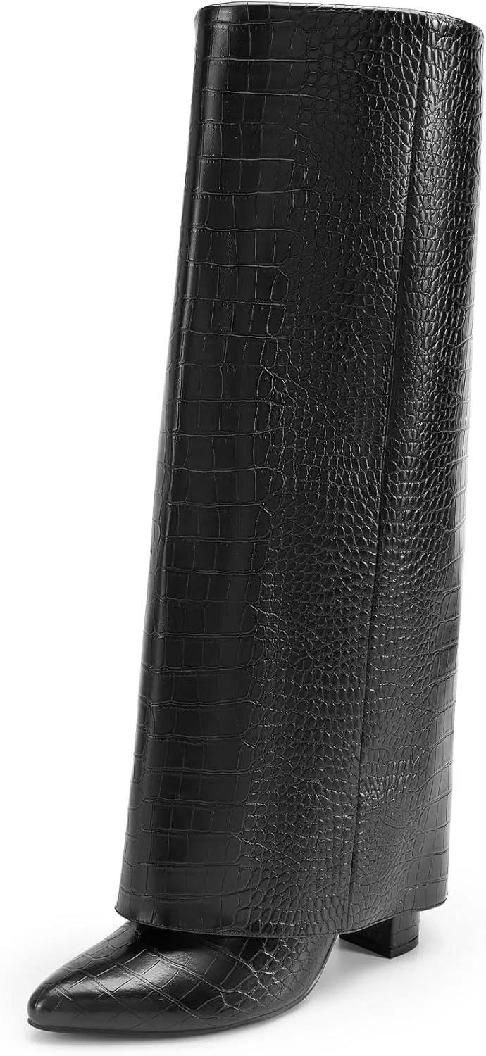 DREAM PAIRS Women's Knee High Boots Fold Over Chunky High Heels Long Boots Zipper Pointed Toe Dress Tall Boots Party Fashion Boots