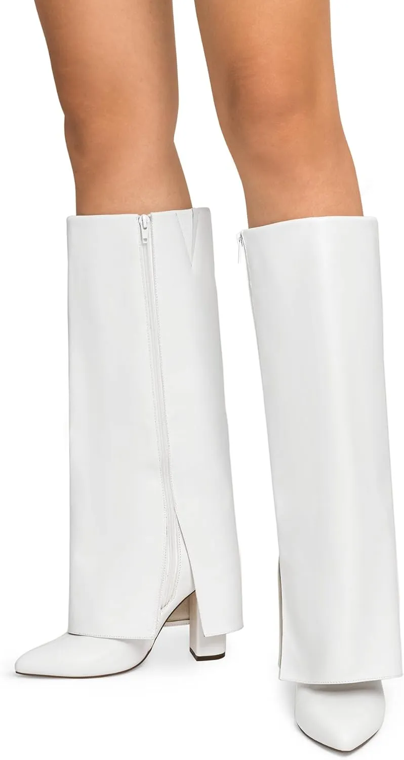 DREAM PAIRS Women's Knee High Boots Fold Over Chunky High Heels Long Boots Zipper Pointed Toe Dress Tall Boots Party Fashion Boots