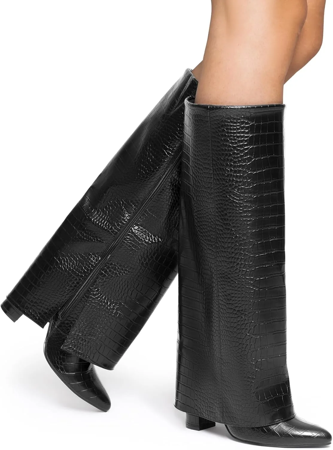 DREAM PAIRS Women's Knee High Boots Fold Over Chunky High Heels Long Boots Zipper Pointed Toe Dress Tall Boots Party Fashion Boots