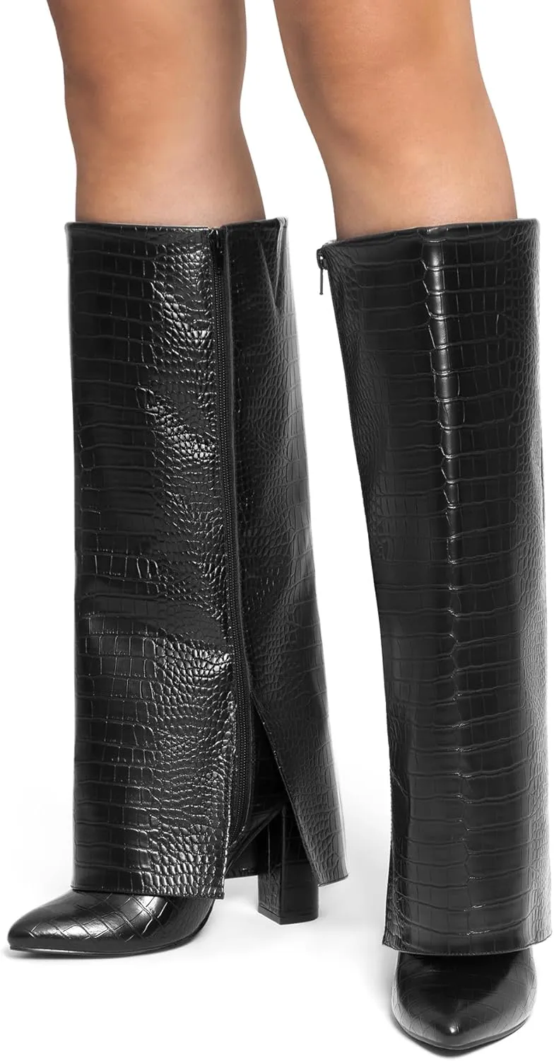 DREAM PAIRS Women's Knee High Boots Fold Over Chunky High Heels Long Boots Zipper Pointed Toe Dress Tall Boots Party Fashion Boots
