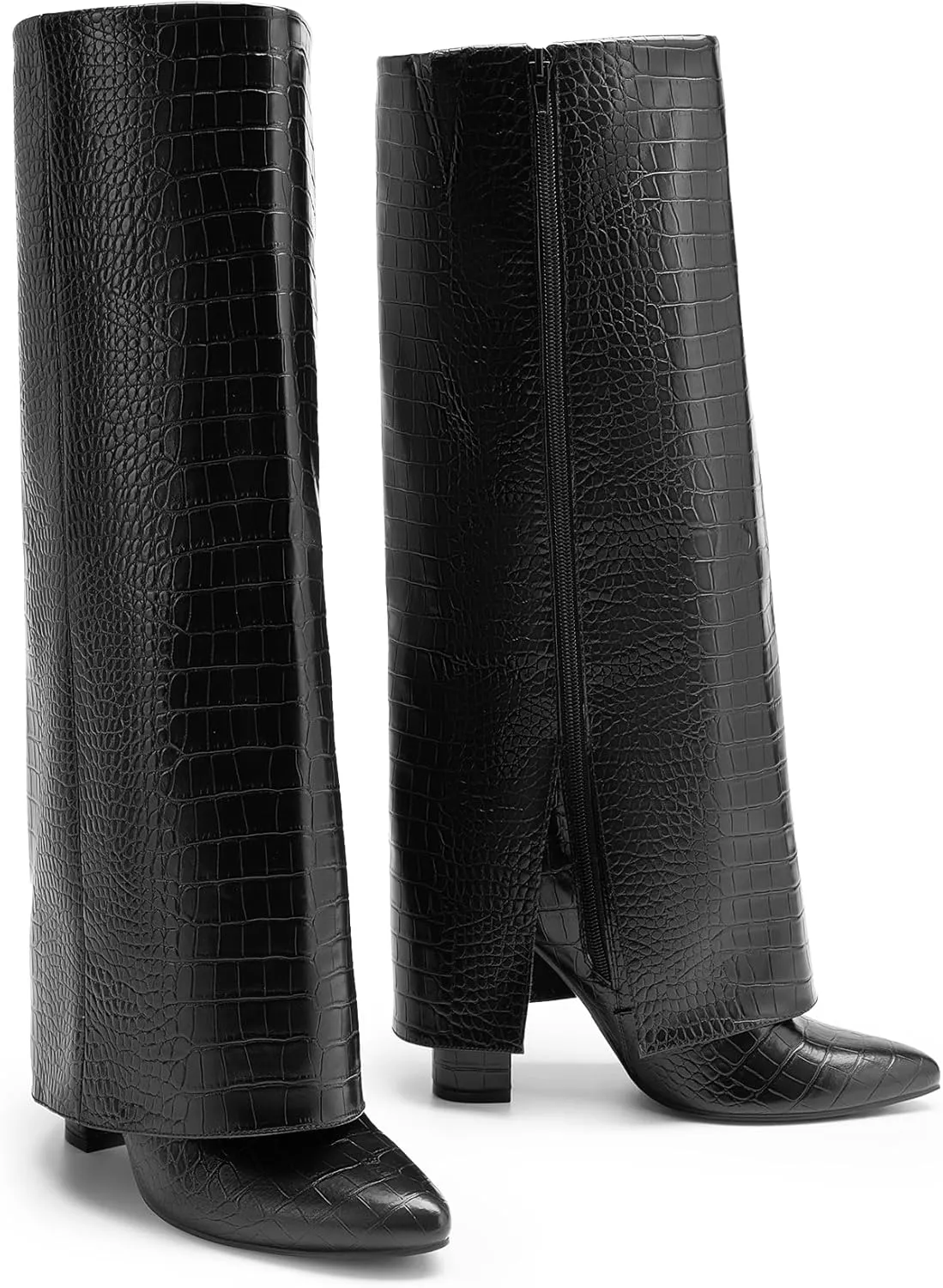 DREAM PAIRS Women's Knee High Boots Fold Over Chunky High Heels Long Boots Zipper Pointed Toe Dress Tall Boots Party Fashion Boots