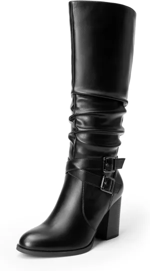 DREAM PAIRS Women's Knee High Boots Slouchy Chunky Heeled Buckle Long Boots for Women Side Zipper Tall Boots