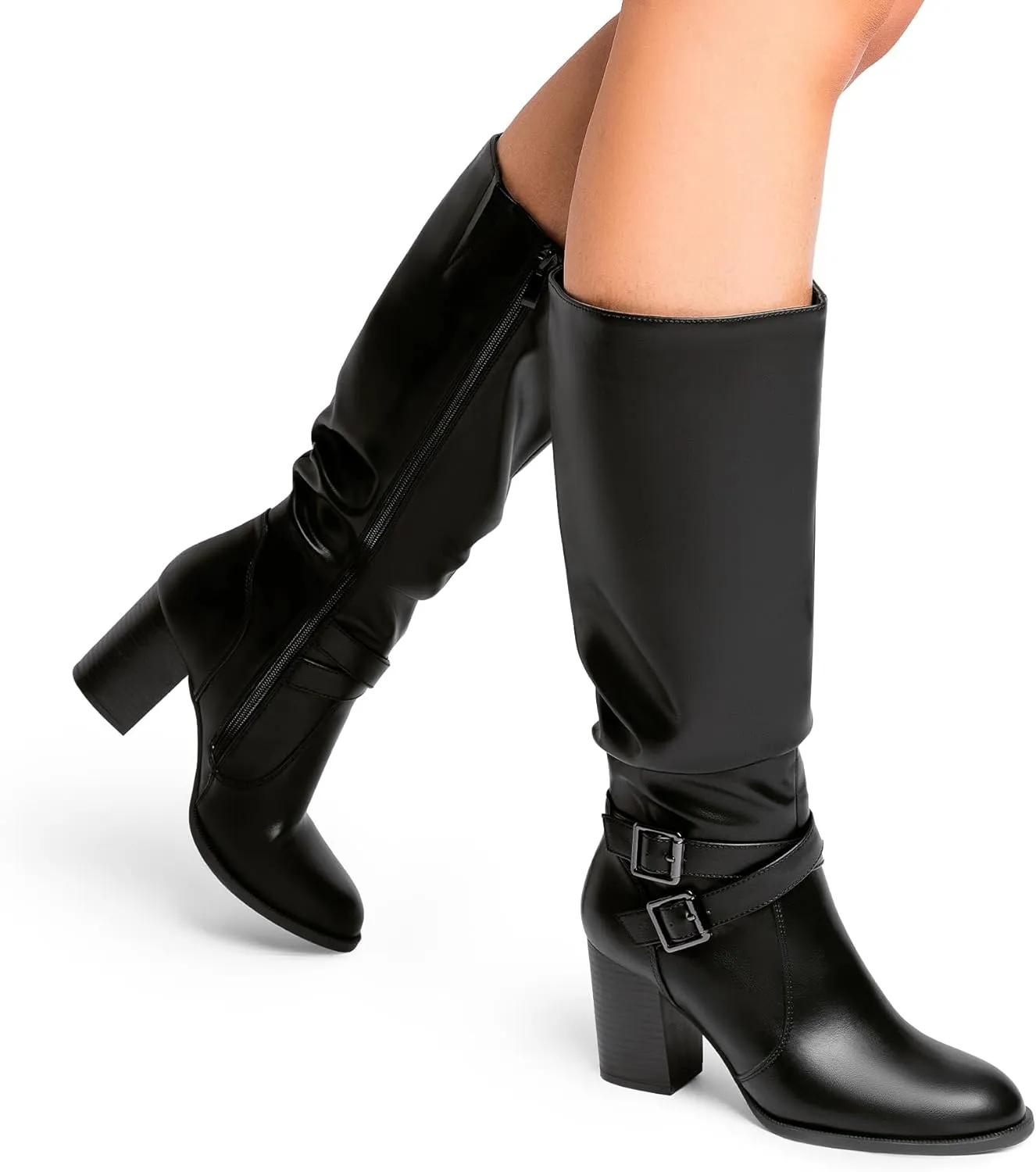 DREAM PAIRS Women's Knee High Boots Slouchy Chunky Heeled Buckle Long Boots for Women Side Zipper Tall Boots