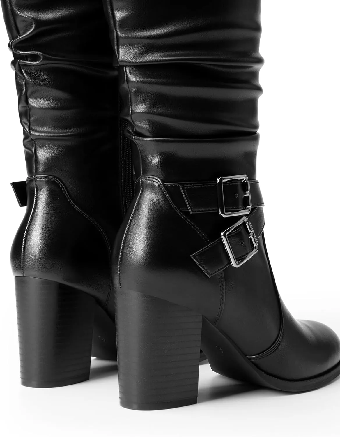 DREAM PAIRS Women's Knee High Boots Slouchy Chunky Heeled Buckle Long Boots for Women Side Zipper Tall Boots