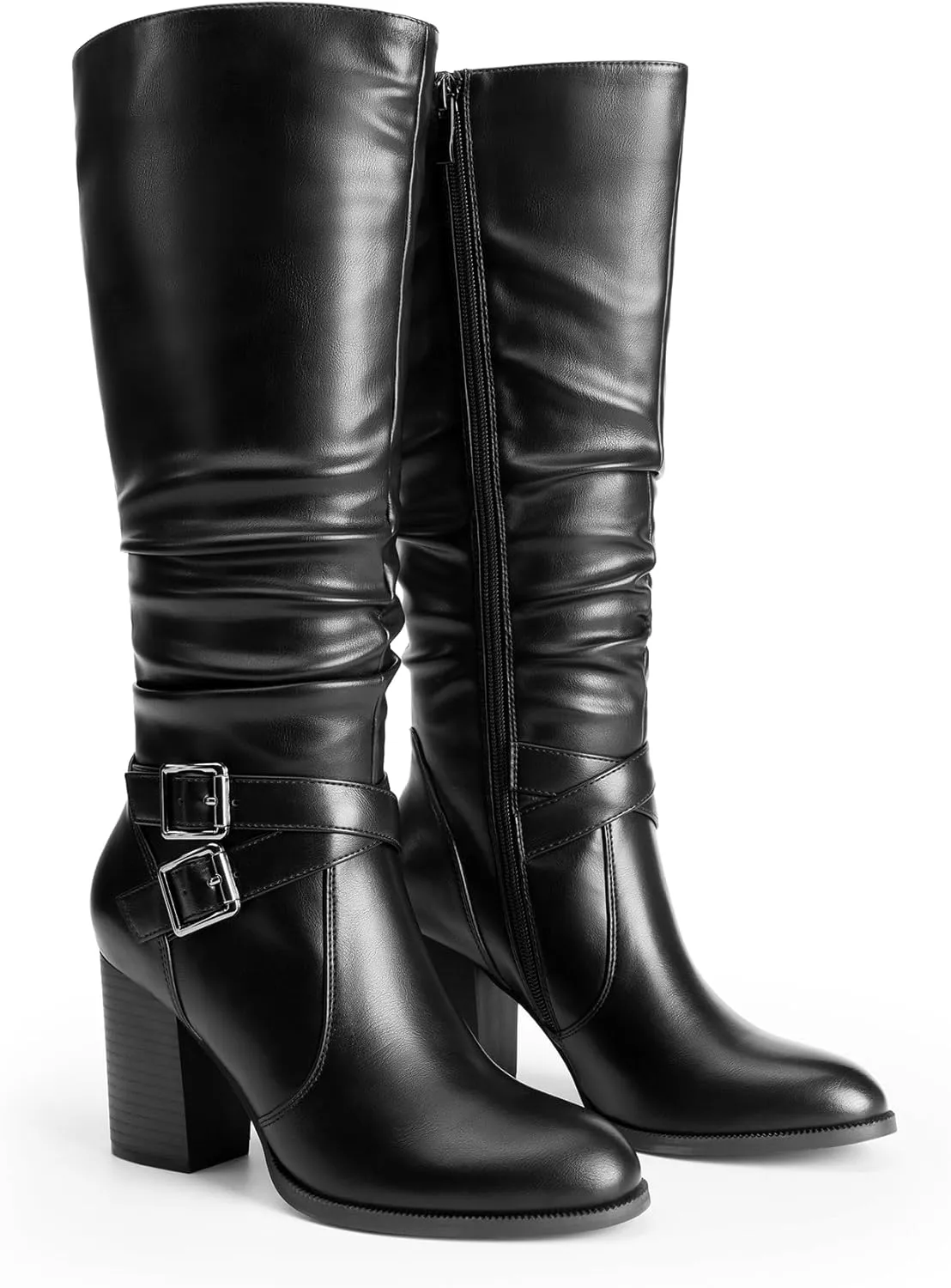 DREAM PAIRS Women's Knee High Boots Slouchy Chunky Heeled Buckle Long Boots for Women Side Zipper Tall Boots